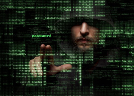 Protect from cyber attack - silhouette of a hacker uses a command on graphic user interface