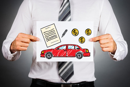 Should you buy or lease a business vehicle. businessman holding paper with drawing of a car together with money and contract illustrations.