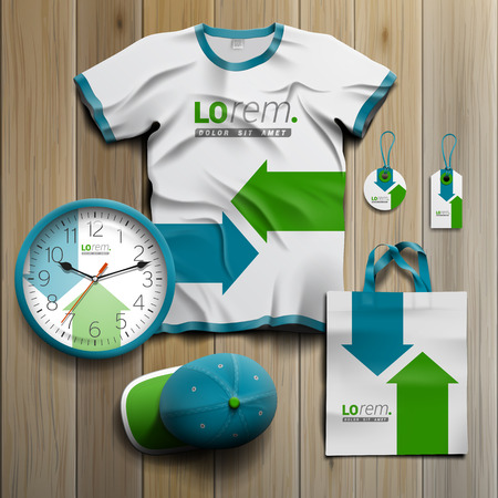 Corporate gift ideas - white promotional souvenirs design for corporate identity with blue and green arrows. stationery set