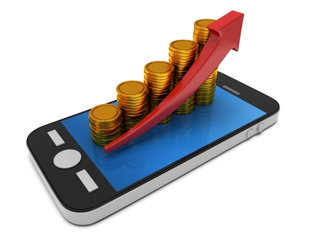 gold coins bar graph with red arrow on smartphone. mobile apps and revenue growth concept.