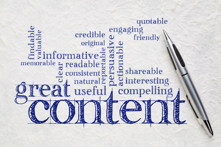 Great content writing word cloud on a white lokta paper -  ways to improve your content writing