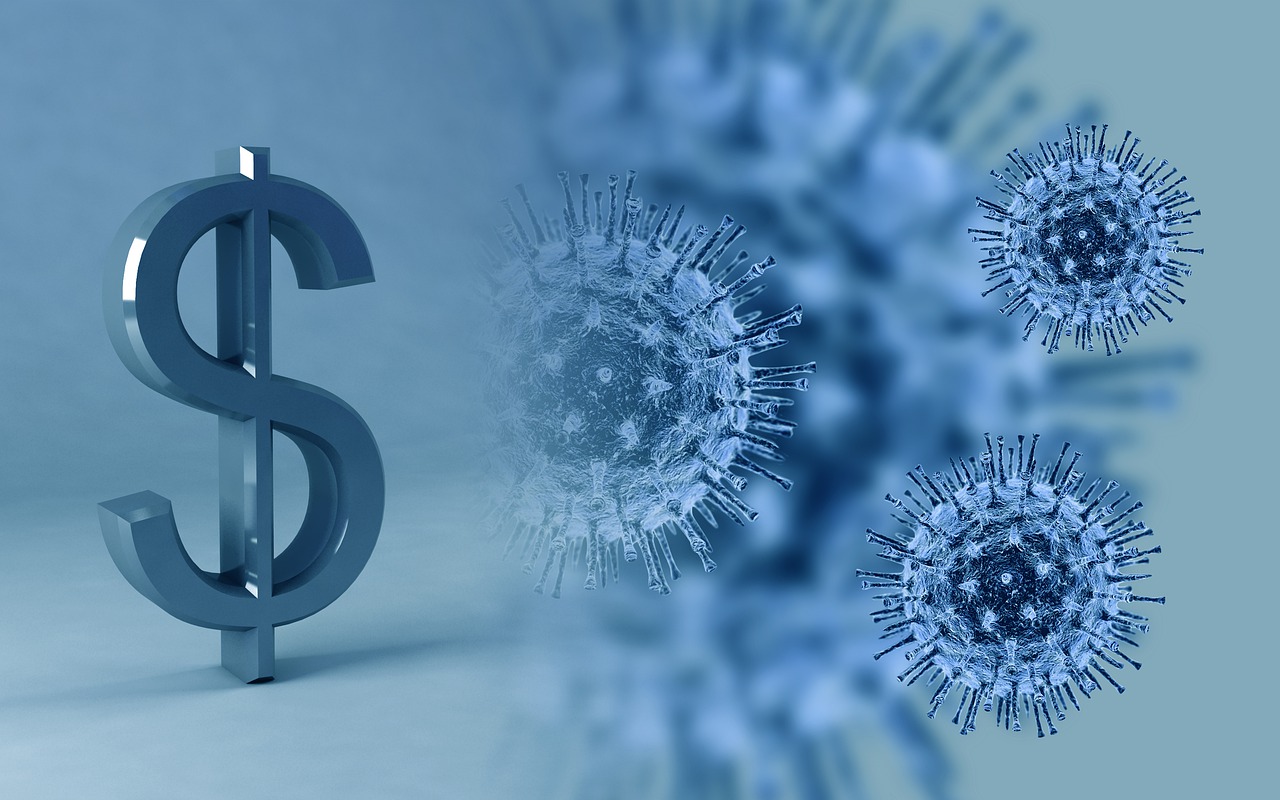 Covid-19 Business Update - a dollar sign against a background of Coronaviruses