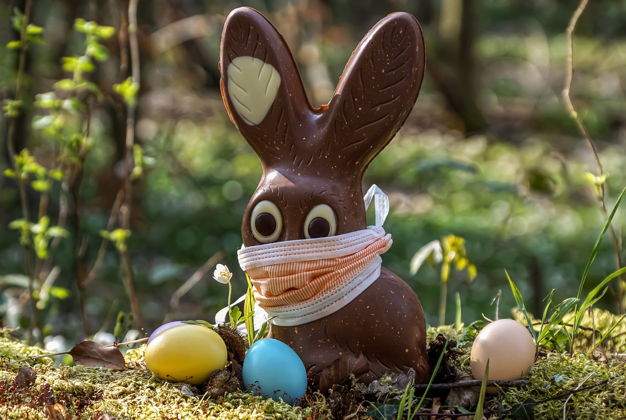 COVID-19 Business Update – 1 April 2021 - Our second COVID-19 Easter - easter eggs and a chocolate bunny wearing a face mask.