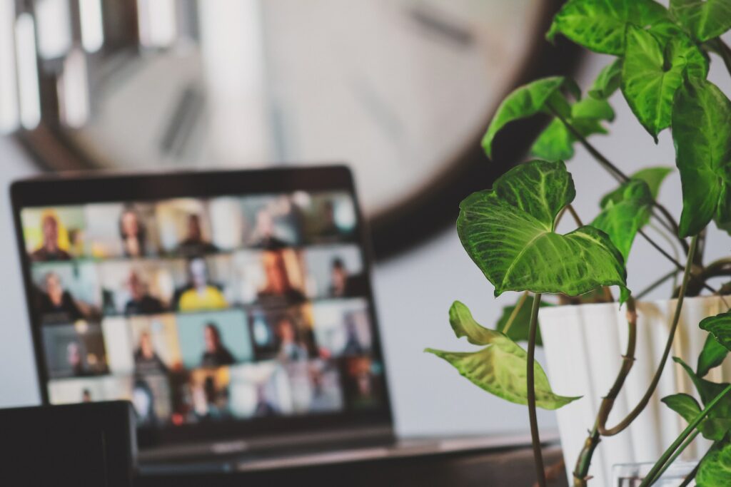 Unlocking the potential of remote teams: things to consider - black monitor with online meeting meeting near green plant